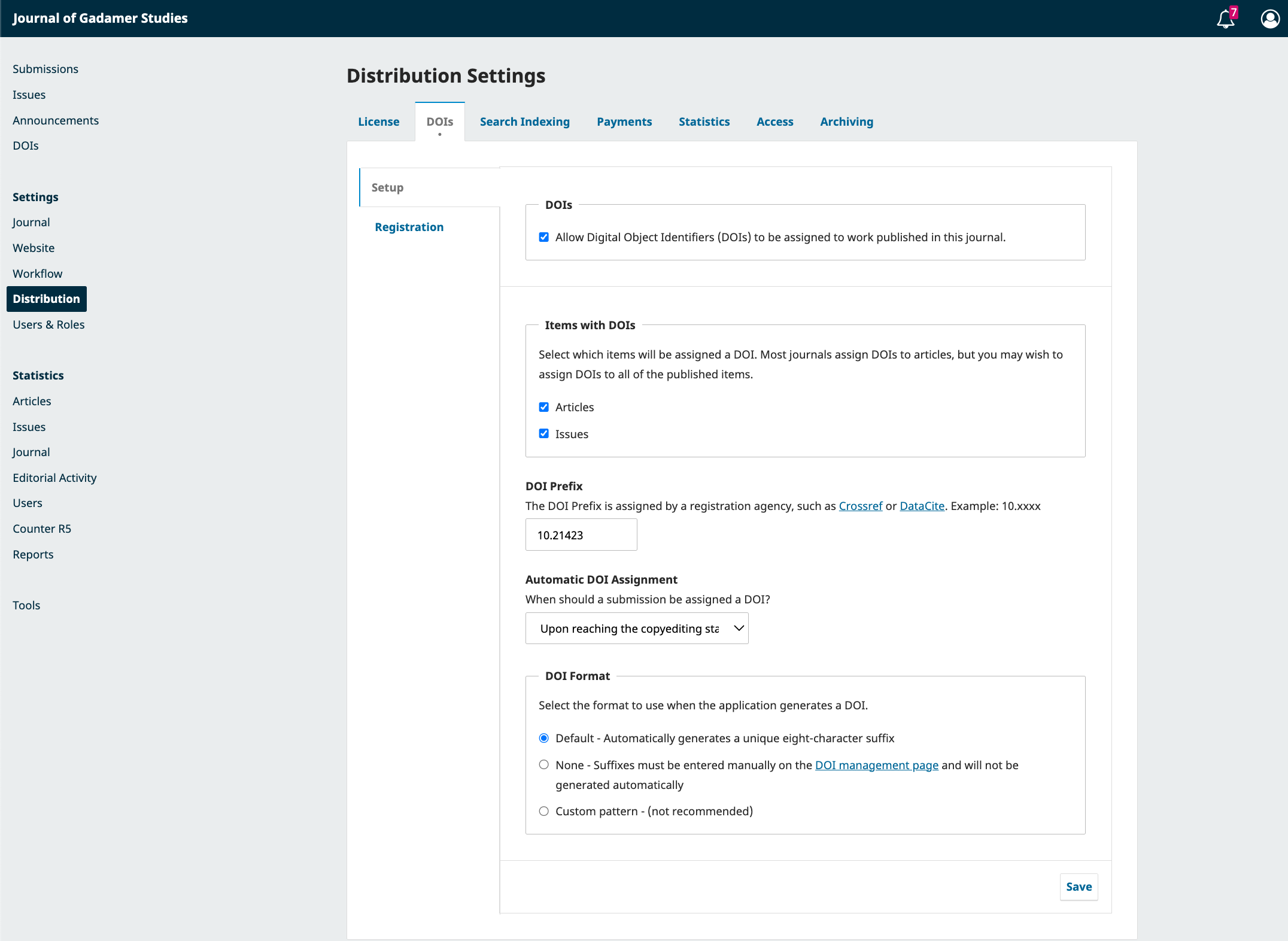An Image Showing OJS DOI Setup