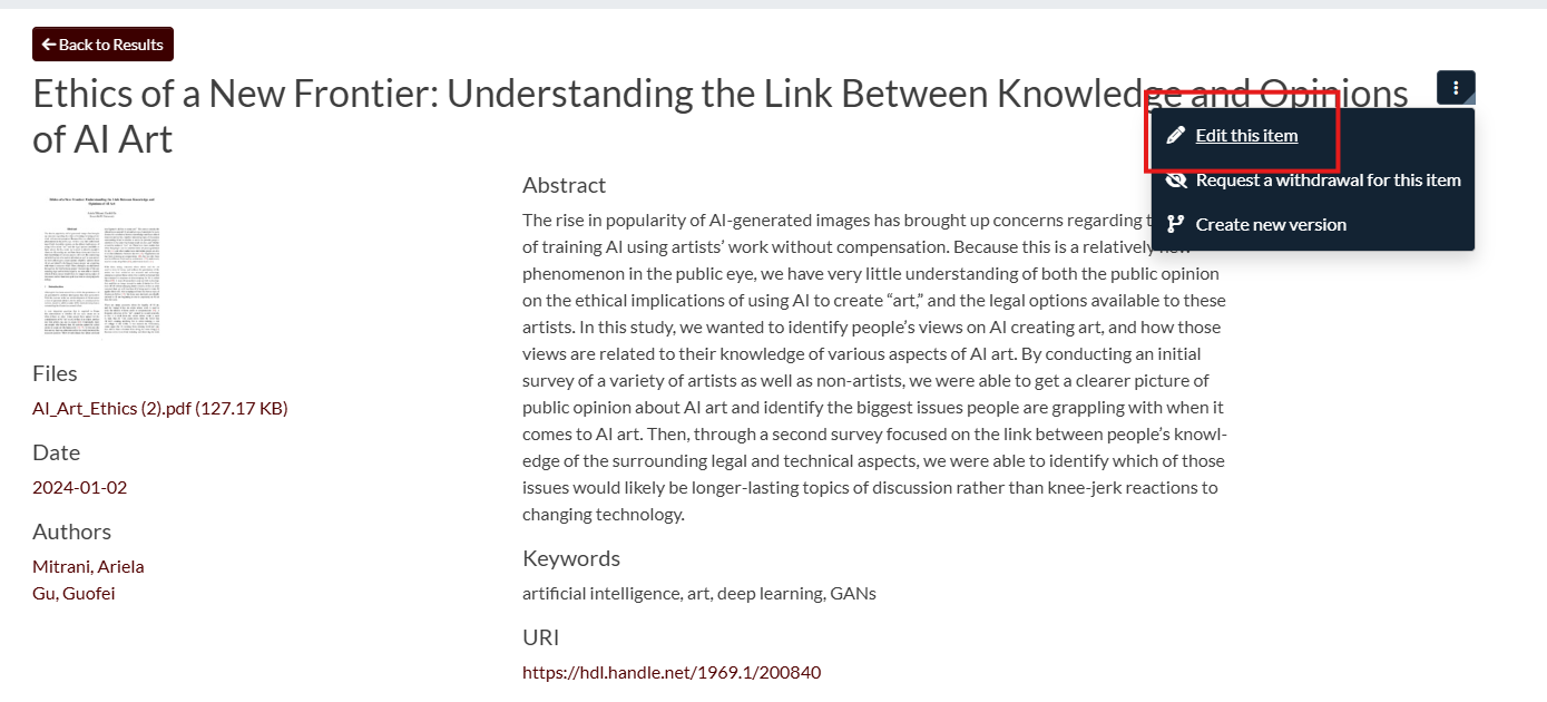 Edit item option in DSpace