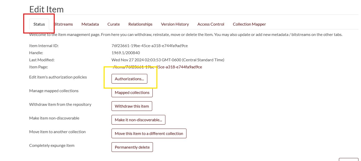 Navigate to Authorizations tab
