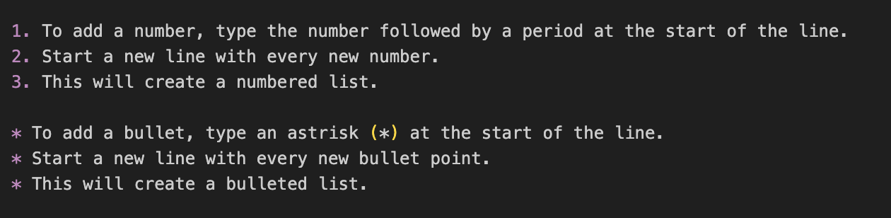 Screenshot of numbering and bullet format